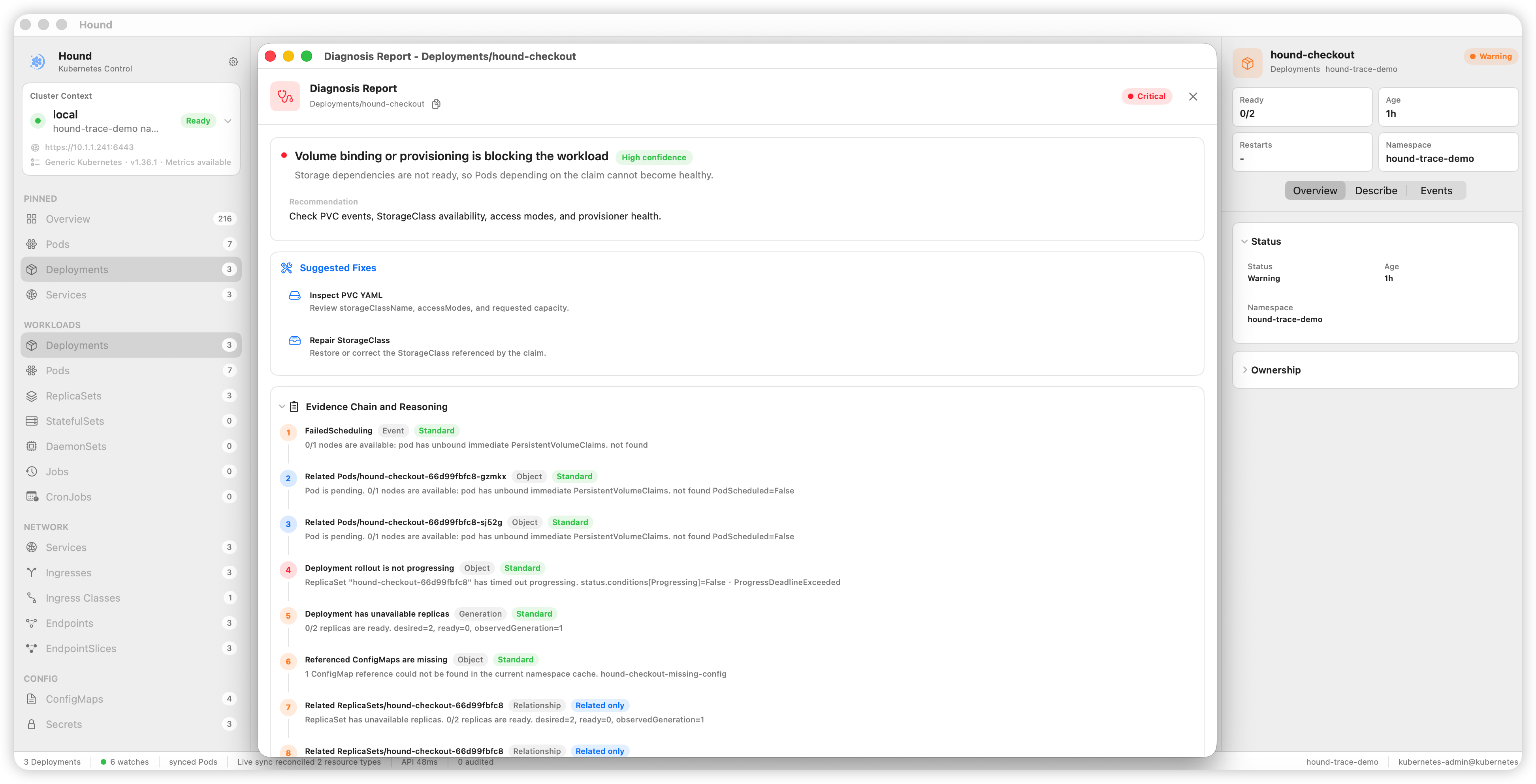 Hound K8s Diagnosis Report showing a missing Secret key root cause, suggested fixes, and evidence chain.