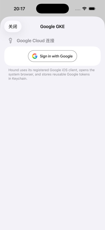 Hound K8s Google GKE connection screen with the official Sign in with Google button.