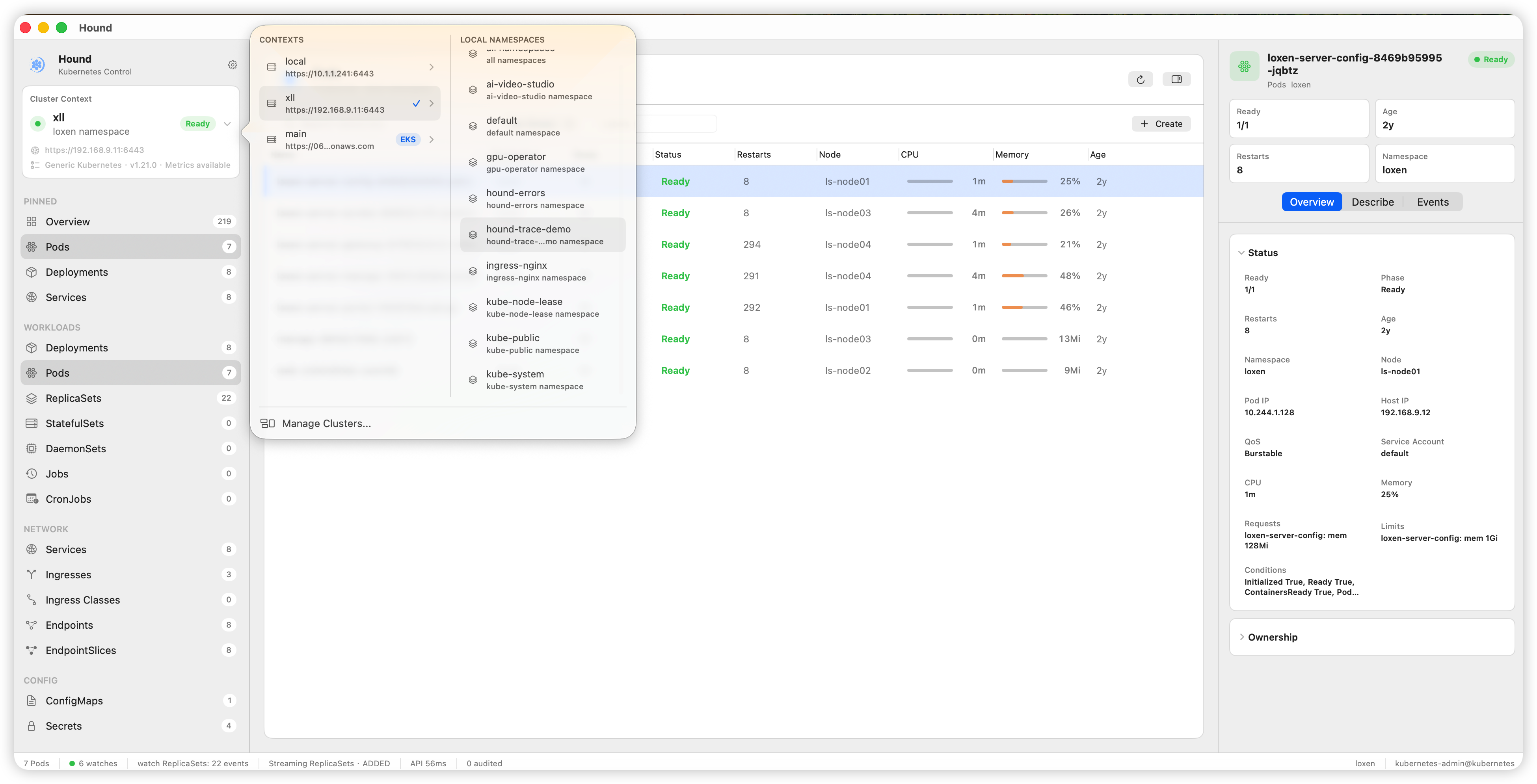 Hound K8s resource workspace showing Pods, cluster context switching, live status, and a selected resource inspector.